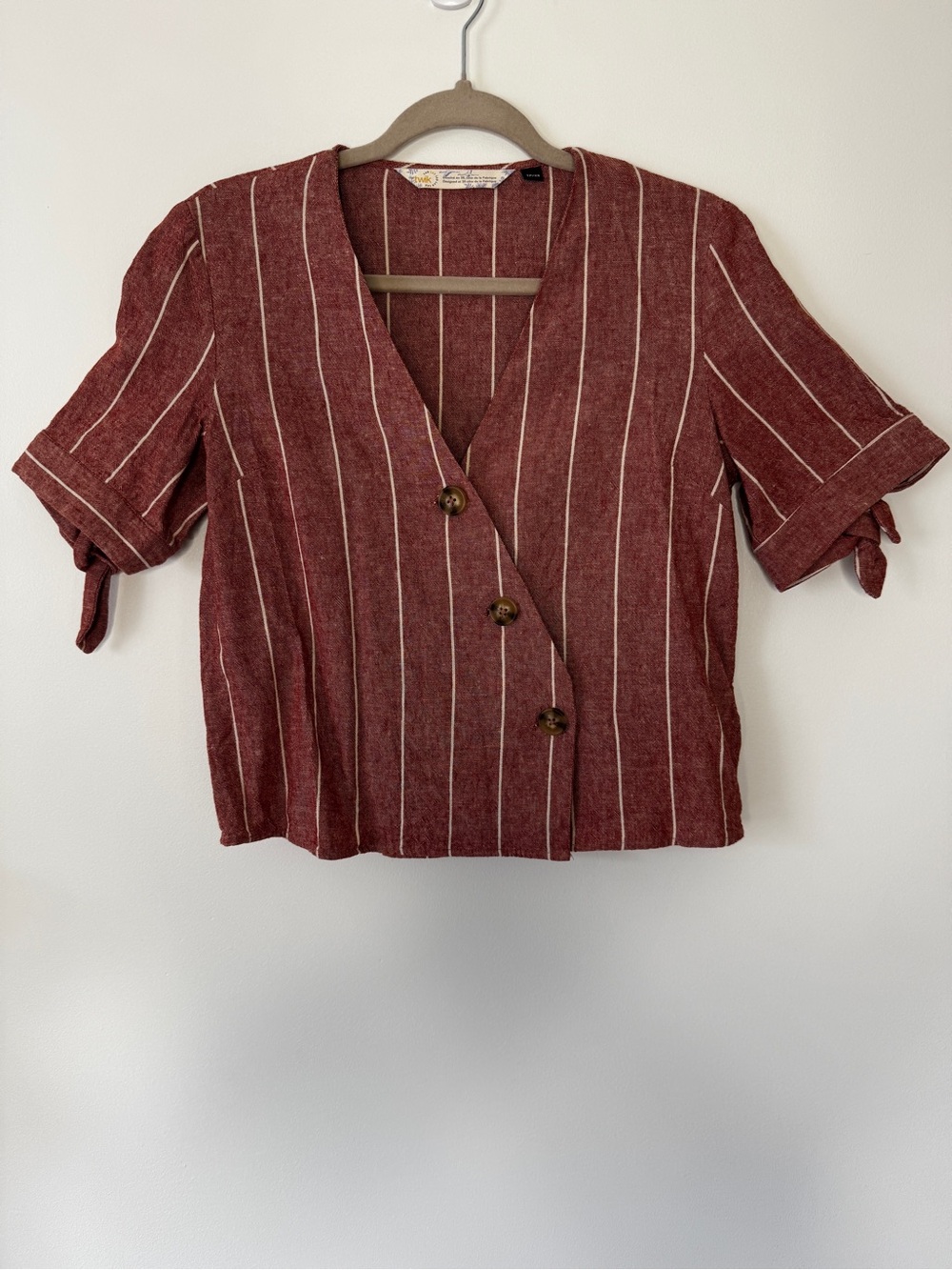 Twik Boho Blouse Linen Blend V Neck Side Closure Button Short Sleeve Striped XS